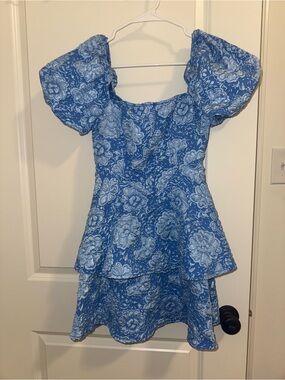 SHEIN Blue Floral Puff Sleeve Tiered Dress